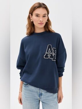 Anine Bing Miles Oversized Sweatshirt Letterman in Washed Navy